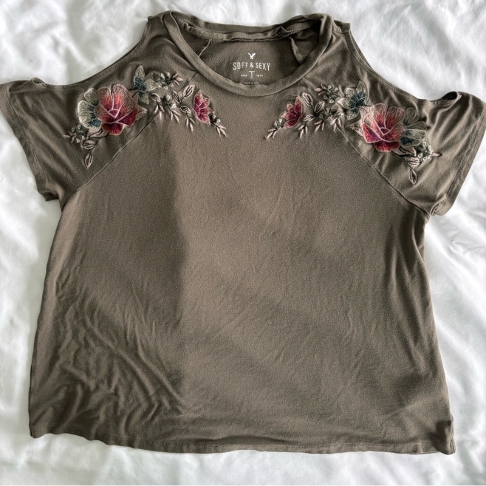 American Eagle Embroidered Floral Olive Cold Shoulder Top - Picture 2 of 5